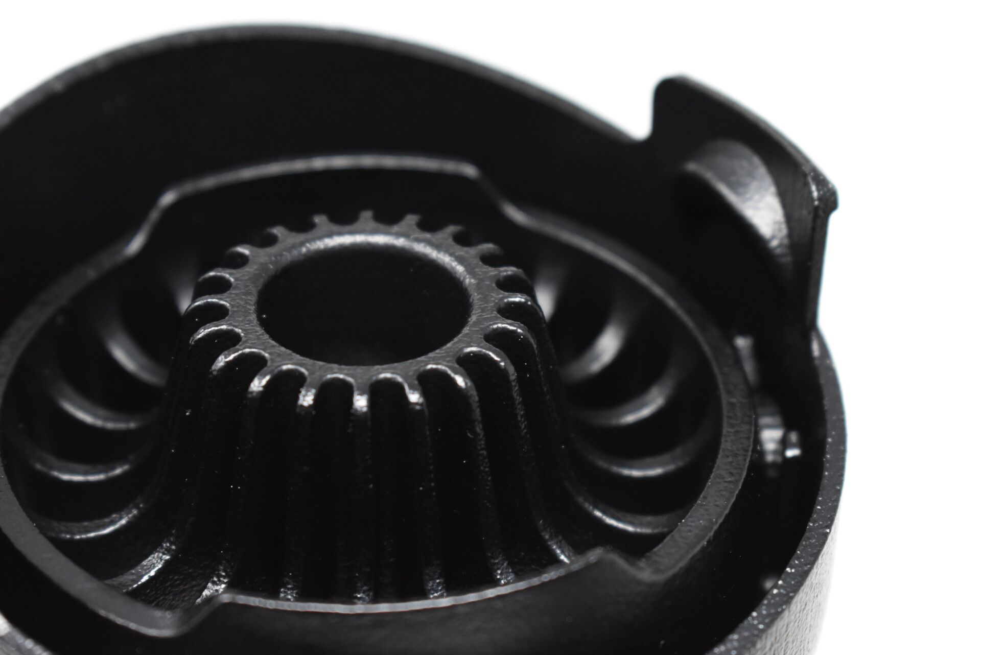 Close view of a finished black MJF part
